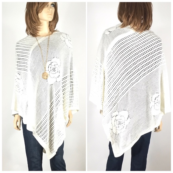 Posh Mishmosh Sweaters - Ivory Crochet Poncho Coverup Sweater Shawl OSFM Posh Mishmosh Sweaters - Ivory Crochet Poncho Coverup Sweater Shawl OSFM